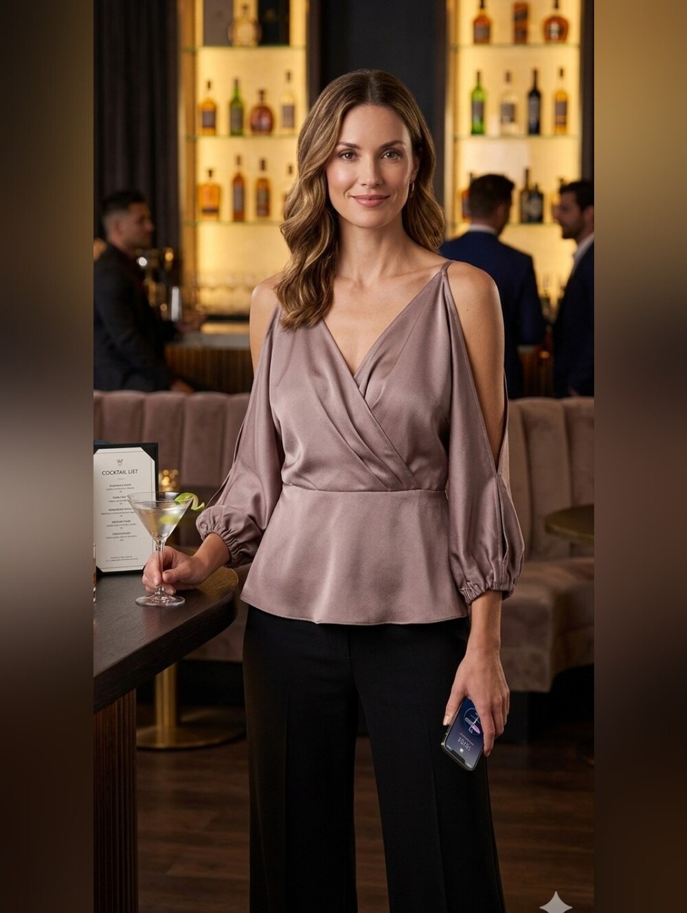 Trina Turk Dusty Mauve Satin Cold-Shoulder Wrap Blouse